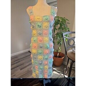 Handmade Crochet 3D Rosettes  Dress Rainbow Colors Sz M/L Knee Length Boho Chic